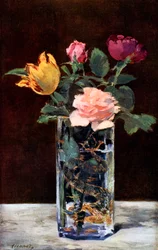 Naturaleza muerta con rosas y tulipanes en un jarrón de dragón, 1882