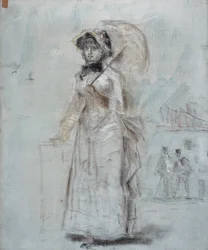 Mujer caminando con un paraguas abierto, 1880