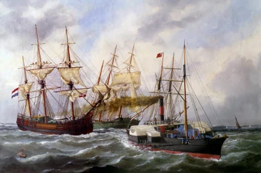 Dos remolcadores de tres mástiles por Le Neptune en Le Havre en 1882