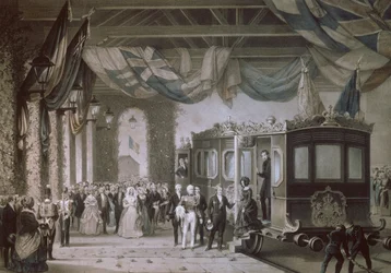 La Reina Victoria y el Príncipe Alberto llegando a la estación de Gosport, Hampshire, grabado por Bayot & Cuvilier, 1846
