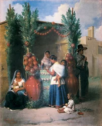 Escena cerca de un bar en una calle de México: una mujer está amamantando a su hijo, otra toma un trago y lleva a su hijo a la espalda, un niño juega en el suelo. Pintura de Edouard Pingret (1788-1875), mediados del siglo XIX. Ciudad de México. Banco Nacio