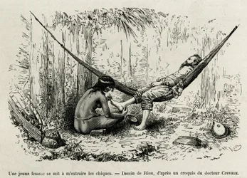 Una joven mujer Roucouyan extrae las espinas que han herido los pies del explorador durante la noche. Grabado de Riou, para ilustrar la historia de Cayena a los Andes, por Jules Crevaux, médico de la marina francesa, en 1878-1879, publicado en el Tour du m