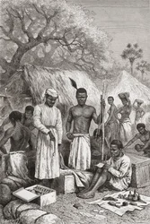 Abdullah Souzi, Jacob Wainright y James Chouma, los tres sirvientes del Dr. David Livingstone, inventariando sus pertenencias tras su muerte en 1873, ilustración de "El Mundo en las Manos", grabado por Charles Barbant