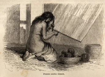 Un indio Conibo de Perú tejiendo, dibujo de Riou para ilustrar el viaje de 1848 a 1860 de P. Marcoy. Grabado en 