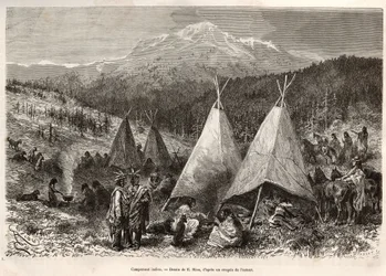 Un campamento indio, en el territorio de Utah, a orillas del río Verde. Grabado según el dibujo de E.Riou, para ilustrar la historia La conquista blanca, por William Hepworth Dixon, en 1875, publicado en 