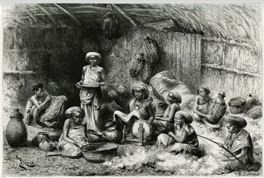 Una tarde en la favorita del jeque de los Gobrons, actividades de mujeres: bordado y hilado de lana, mimbre y cerámica. Grabado de Riou, para ilustrar la historia “Voyage chez les Benadir, les somalis et les Bayoun”, en 1882-1883, de Georges Revoil.