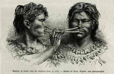 Un instrumento hecho de hueso de pájaro y una forma de inhalar entre los indios ouitotos (uitoto), soplando al unísono, envían simultáneamente la dosis. Grabado de Riou, para ilustrar la historia de Cayena a los Andes, por Jules Crevaux, médico de la marin