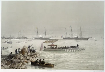 Llegada de los soberanos a Suez en “Inauguración del Canal de Suez” por G. Nicole. 1869
