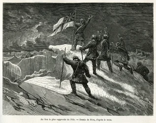 El Capitán George Strong Nares (1831-1915) plantó la bandera británica en el lugar más cercano al polo, ilustración de la historia de un viaje al mar polar en 1875-1876, por el Capitán G.S. Nares. Grabado en Le tour du monde