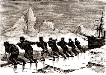 Tripulación de marineros tirando de un velero sobre un témpano de hielo