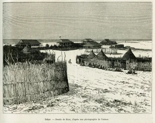 Dakar. Grabado de Riou para ilustrar la historia Viaje a la Plata, tres meses de vacaciones por Emile Blaireaux en 1886, en Le Tour du monde 1887, bajo la dirección de Edouard Charton (1807-1890), Hachette, París.