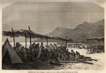 Distribución de alimentos en Keauhou, después del terremoto y la erupción volcánica de 1868, para las víctimas del desastre, grabado después del dibujo de E.Riou, ilustrando el viaje a las Islas Sandwich, en 1855-1869, por C. de Varigny, publicado en “Le t