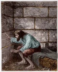 Edmond Dantès, también conocido como el conde de Montecristo (Monte Cristo), en su prisión - Grabado de Riou, en «El conde de Montecristo» de Alexandre Dumas
