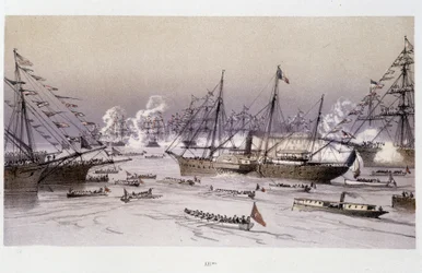 Entrada del Águila a Port Said para la inauguración del Canal de Suez - en “A través del Istmo de Suez” de Riou, Marius Fontaine