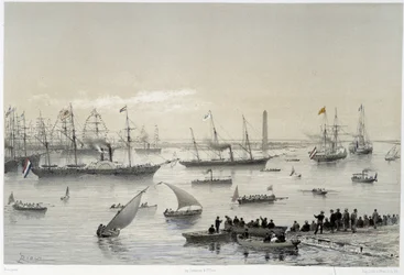 Entrada del Soberano en el Canal de Suez en Port Said en "Inauguración del Canal de Suez" por G. Nicole. 1869