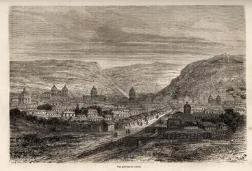 Vista general de Cusco o Cuzco, antigua capital de los Incas, dibujo de Riou, para ilustrar el viaje de Paul Marcoy por Sudamérica de 1848 a 1860. Grabado en "Le tour du monde", editado por Edouard Charton
