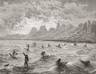 Hawaianos surfeando, ilustración de 