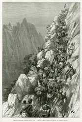 En las rocas de Ankori. Grabado por Riou, para ilustrar la historia En las sombras de África, investigación descubierta y retirada por Emin Pacha