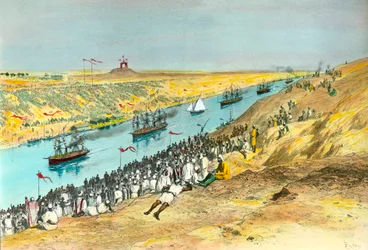 Inauguración del Canal de Suez. El canal fue creado para conectar el mar Rojo con el mar Mediterráneo. Ilustración de Edouard Riou (1833-1900), 1869, colección privada
