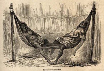 Maridos indios Chontaquiros de Perú durmiendo, en su hamaca nupcial, dibujo de Riou para ilustrar el viaje, de 1848 a 1860, de P. Marcoy, del Océano Pacífico al Océano Atlántico. Grabado en "Le tour du monde", editado por Edouard Charton