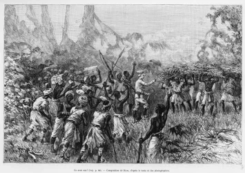 ¡Son ellos! La expedición de Stanley encuentra parte de su equipo perdido en la selva ecuatorial (grabado)