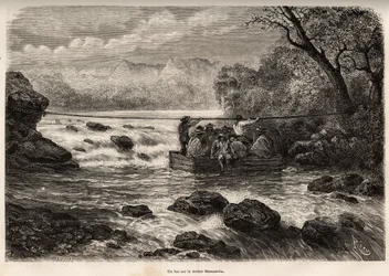 La travesía por el bac de la Riviere Mesacancha (Perú), grabado por E.Riou ilustrando el viaje en las montañas, el valle de Huarancalqui y las regiones de Pjonal, de 1862 a 1863, por Paul Marcoy, publicado en "Le tour du monde" 1875