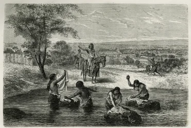 Los portadores de agua y las lavanderas de Cartago (Colombia), ilustración de la historia de América equinoccial por E. Andre, una misión encargada por el gobierno francés, publicado en Le tour du monde, bajo la dirección de Edouard Charton