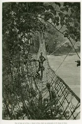 Puente de lianas sobre el Passa. Grabado por Riou, para ilustrar la historia Viajes en el oeste africano