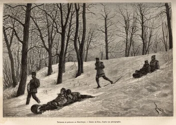 Trineos y patinadores en el plateau del Mont-Royal, cerca de Montreal, ilustración de la excursión a Canadá y el río Rojo del norte, por H. De Lamotte, en 1873, publicado en “Le tour du monde” 1875, editado por Edouard Charton