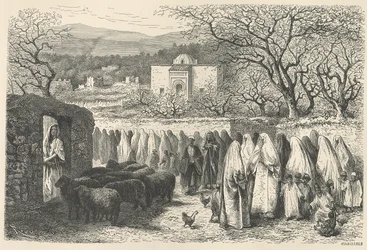 Marabout y procesión: Tlemcen, grabado por Henri Theophile Hildibrand (1824-97)