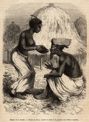 Matipa, un indígena que proporcionó canoas al equipo de Livingstone, fue servido de beber por su esposa, grabado después de un dibujo de Riou, ilustrando el último diario de David Livingstone (1813-1873), en 1866-1873, publicado en “Le tour du monde” 1875
