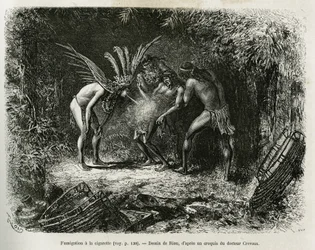 Fumigación médica con cigarrillos en los indios Roucouyan. Grabado por Riou, ilustración de la historia de Cayena a los Andes, por Jules Crevaux, médico de la marina francesa, en 1878-1879, publicado en el Tour du monde, bajo la dirección de Edouard Charto