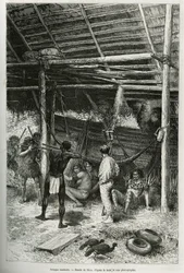 Ataque matutino a la cabaña del explorador por indios de las orillas del Amazonas. Ilustración de la historia de Cayena a los Andes, por Jules Crevaux, doctor de la marina francesa, en 1878-1879, publicado en Le tour du monde, bajo la dirección de Edouard 