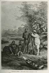 Observación con el teodolito: el doctor Crevaux con sus instrumentos de medición y su equipo de guías y porteadores en plena sesión de trabajo. Grabado según un dibujo de Riou para ilustrar el relato De Cayenne aux Andes, de Jules Crevaux, médico de la