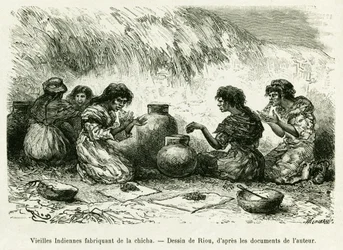 Mujeres indias mayores haciendo shisha. Ilustración de la historia Voyage dans le delta du Pilcomayo et de Buenos Aires a Sucre