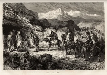 P.Marcoy encuentra a un amigo, que se convirtió en coronel de ingenieros y puesto en una cueva cerca del lago de Cailloma, juntos reciben la visita de los notables de la ciudad, grabado después de un dibujo de E.Riou, ilustrando el viaje en las montañas, e