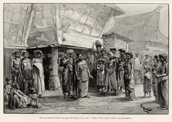 Jugar con adornos de oreja a niñas Batak, grupo étnico del norte de Sumatra. Grabado de Riou para ilustrar la historia "un año en Malasia", de Jules Claine (1856-1939)