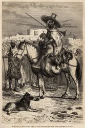 Retrato de un comerciante árabe, trayendo sus mercancías (corderos, aves...) en su caballo, en el mercado; los productos se presentan en cestas o en esteras en el suelo, grabado según un dibujo de E.Riou, ilustrando el viaje a Tlemcen (Argelia), por E. de 