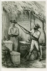 Retrato del autor Victor Giraud, un alférez de barco y su viajero, Montagu Kerr, un cazador. Grabado por Riou, para ilustrar la historia Los lagos de África ecuatorial