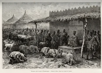 Recepción en el naba Sanem, del reino Mossi (o Mosse) de Waghadougou (Ouagadougou, Burkina Faso). Grabado por Riou, para ilustrar la historia “Del Níger al Golfo de Guinea” de Louis Gustave Binger (1887-1889)