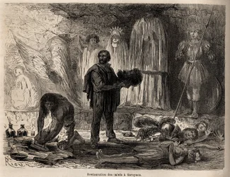 Restauración de estatuas de santos en Sarayacu (Perú), dibujo de Riou, para ilustrar el viaje de Paul Marcoy del Océano Pacífico al Océano Atlántico de 1848 a 1860. Grabado en 