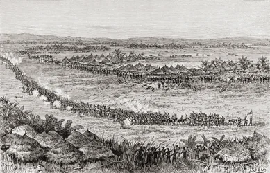 Sir Henry Morton Stanley y sus hombres siendo amenazados por nativos Sukuma, 1890