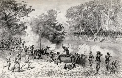 La expedición de socorro de Emin Pasha de Sir Henry Morton Stanley siendo atacada por caníbales Avisibba con flechas envenenadas, 1890
