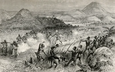 Primer encuentro de Sir Henry Morton Stanley con el pueblo Mazamboni, 1890