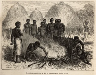 Método quirúrgico utilizado para curar fracturas, el herido se sienta en un agujero, la pierna se envuelve con una hoja, luego el pozo se llena de barro y se cubre con brotes que se inflaman y calientan la fractura, el paciente está protegido por una ester