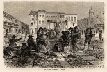 Los Pongos, indios sometidos a servidumbre, en la fuente, en la plaza del cabildo, en Cuzco, dibujo de Riou, para ilustrar el viaje por Sudamérica, de 1848 a 1860 por Paul Marcoy. Grabado en "Le tour du monde", editado por Edouard Charton