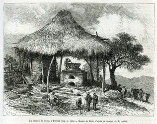El horno de azúcar, en Panche (Colombia), dibujo de Riou, para ilustrar la historia de América Equinoccial (Colombia, Ecuador, Perú), en 1875-1876, por Ed. André, misión de viaje encargada por el gobierno francés. Grabado en Le tour du monde