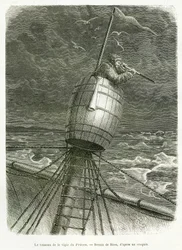 El barril de la guardia del barco Proven, dibujo de Riou, para ilustrar la historia del profesor Nils Adolf Erik (Eric) Barón Nordenskjold (Nordenskiold) (1832-1901): expedición polar sueca, en 1875. Grabado en Le tour du monde