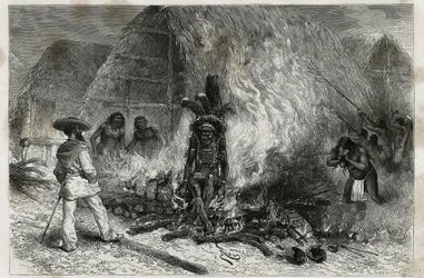 La cremación de un Roucouyenne (o wayana), tribu que vive a lo largo de los ríos Mana y Maroni, frente a la pira, Dr. Crevaux, grabado por Riou, ilustración del viaje de exploración en el interior de Guayana por el Dr. Jules Crevaux, médico de la marina fr
