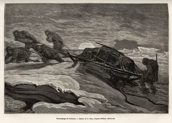 La tripulación del barco La Germania, descendida sobre el hielo para un juego de caza, procedió a remolcar su trineo sobre el hielo, mientras el sol se pone, grabado según el dibujo de E.Riou, ilustrando un viaje al Polo Norte en 1869-1870 por el capitán d